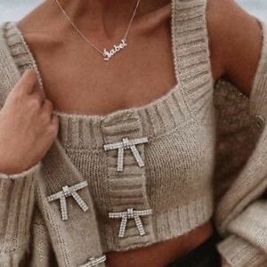 ZARA  Silver Crystal Bow Beige/ Tan Knit Crop Top  Size Large